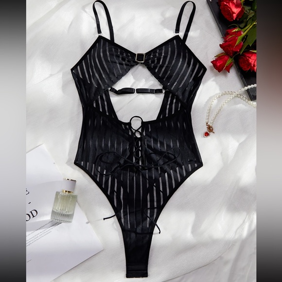 Black Pinstripe Cut Out Tie Up Sexy Lingerie Bodysuit - Picture 12 of 13